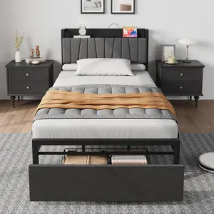 🛏️ Garvee Twin Bed Frame with Charging Station – Large Storage Drawer, 700 lbs Capacity, No Box Spring Needed, Sturdy Steel Slats & Noise-Free! ✨