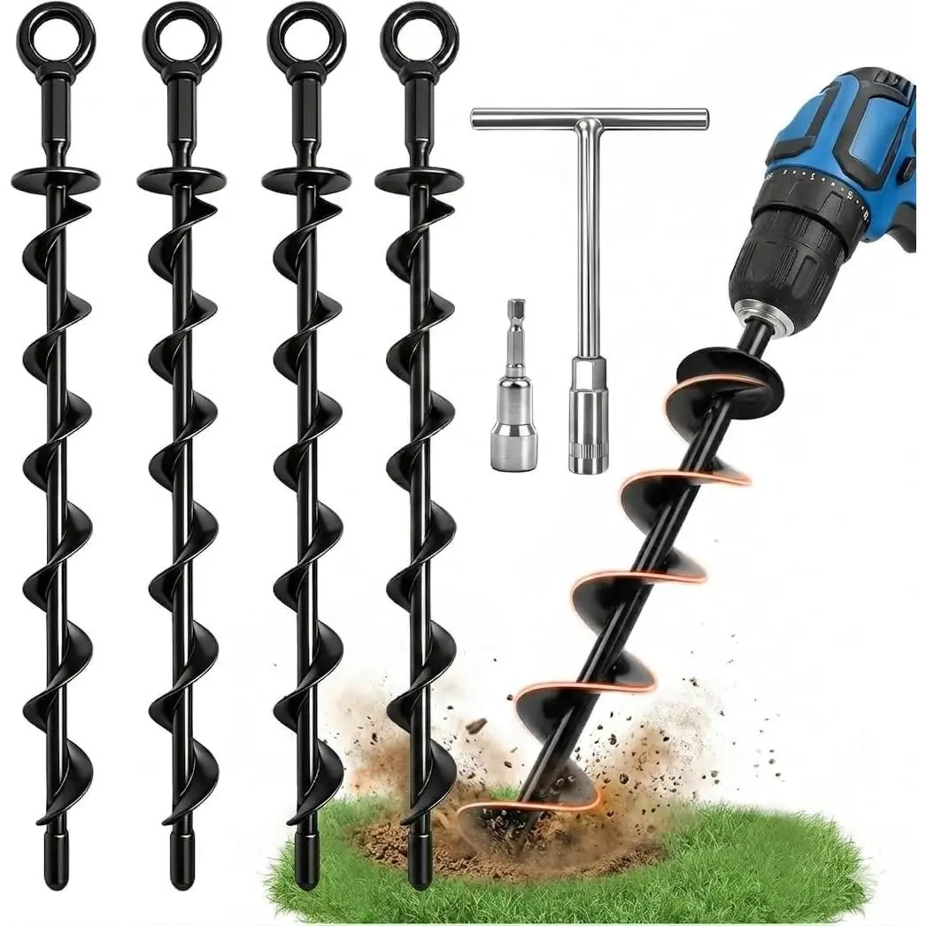 Heavy Duty 15in Steel Spiral Trampoline Stakes 4 Pack, Easy Install for Hard Soil, Tie Down Kit for Trampoline, Shed, Tent, Swing Set, Canopy, High Wind Outdoor Security