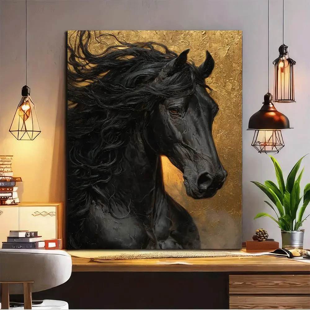 Minimalist 2D Flat Painting - Wrinkle-Resistant Eco-Friendly Animal Motif Black Friesian Horse Wood Frame Canvas Art with Elegant Mane, Ideal for Living Room, Kid Room Decor, Great Thanksgiving Gift