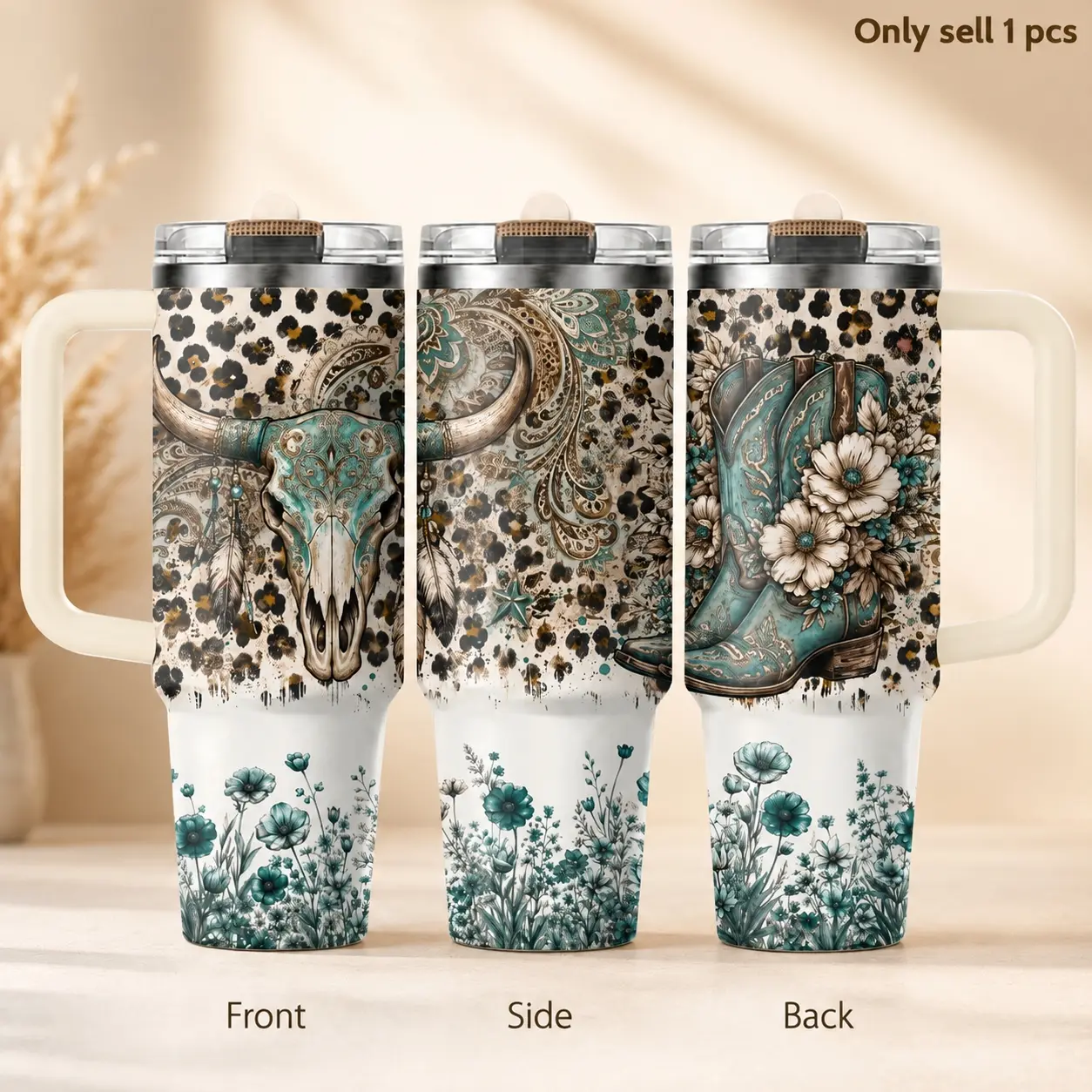 Western Cowgirl Boots 40oz Tumbler – Rustic Country Stainless Steel Insulated Travel Cup with Handle & Straw Lid for Coffee, Water, Ranch Life, Office, Car, Trendy Cowgirl Gift
