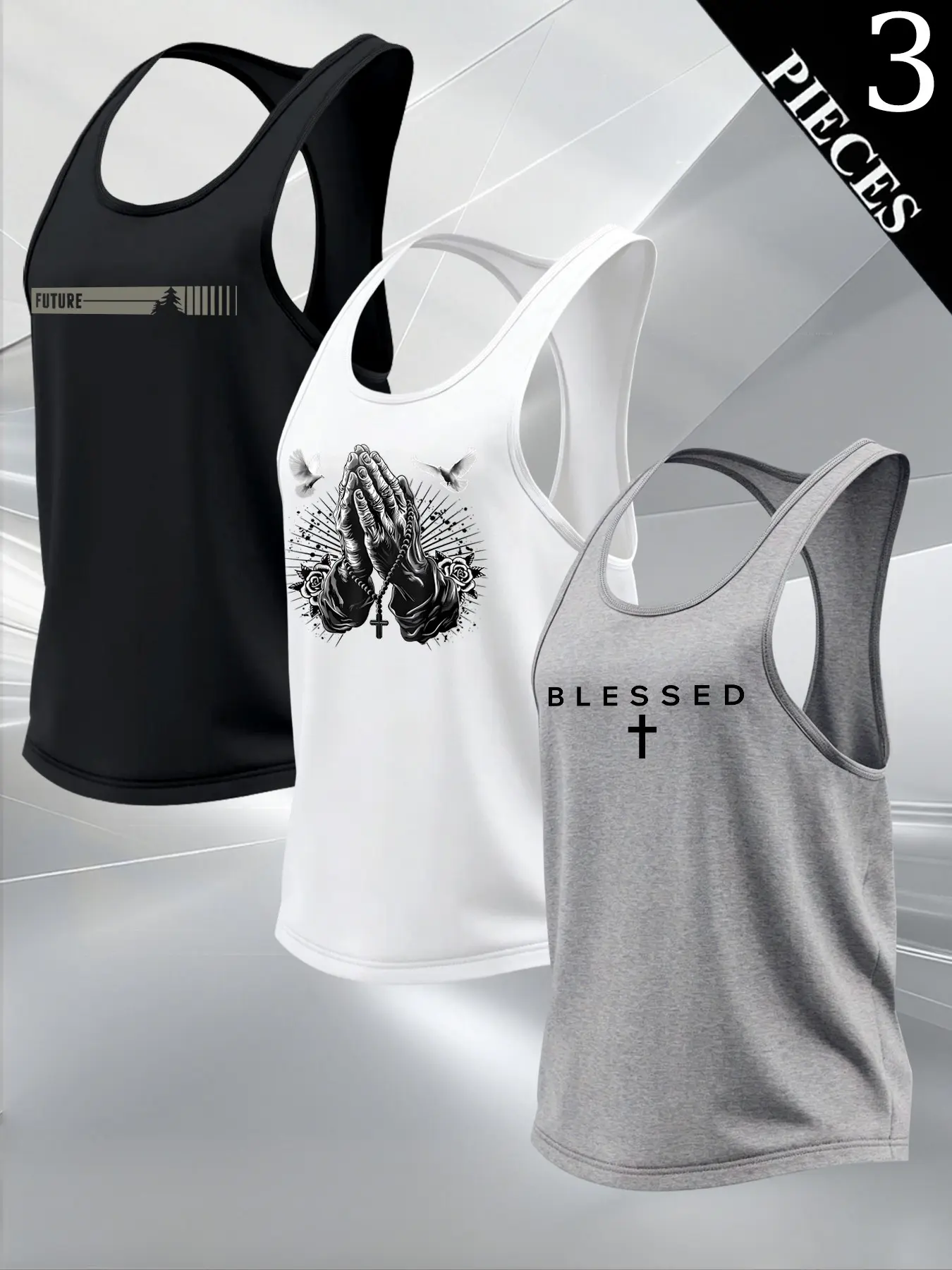 Summer Men's Sleeveless Tank Top Vests, Letter Cross and Hand Print, Casual Fitted Top for Outdoor Fitness, Ideal Gift for Men