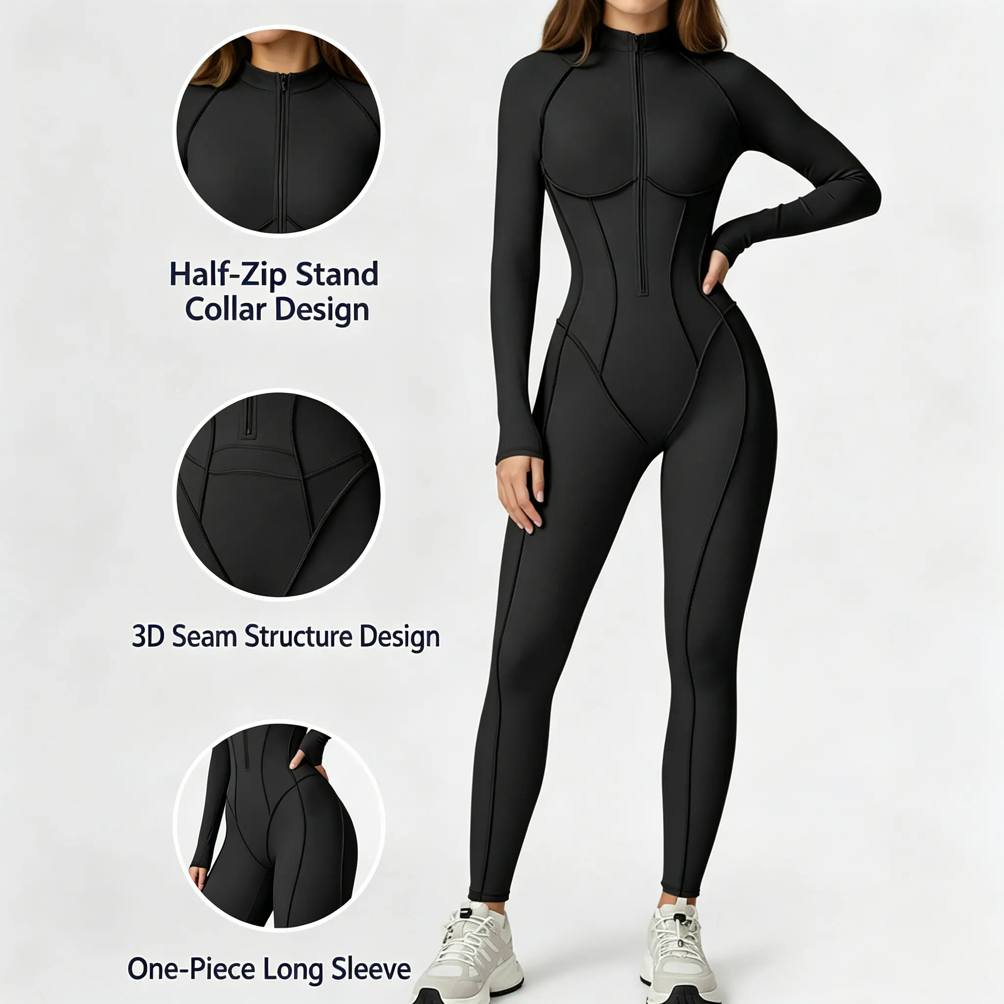 Women's High-Elastic Mock Neck Half-Zip Tight Waist-Hip Long-Sleeved Sports Jumpsuit for Female Yoga, Outdoor Running, Gym Training