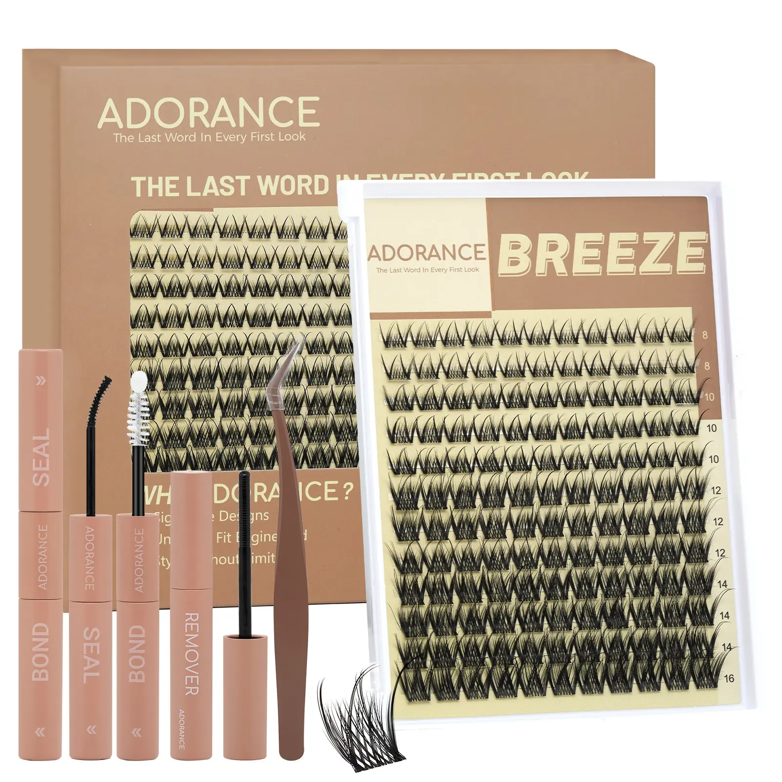 ADORANC Breeze Lash Clusters Kit with Bond & Seal, Remover & Lash Applicator, Wispy Fluffy D Curl Eyelash Extensions, Lightweight DIY Individual Cluster Lashes for Natural Everyday Look Curly Lashes Clusters