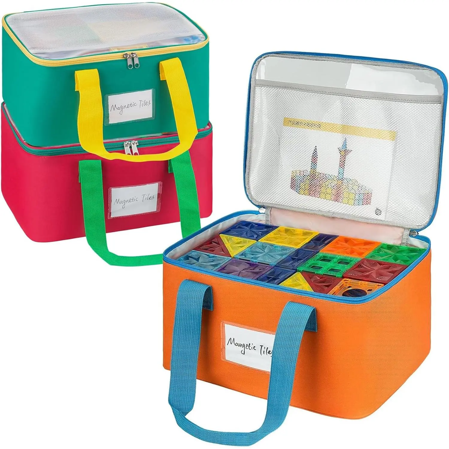 ZIOZERTT 3 Packs Large Magnetic Tiles Storage Bags,Magnetic Tiles Storage Bin,Toy Organizer Case with Mesh Pocket and Tag Pocket for Magnet Building Tiles,Board Game,Puzzle and Lego Bricks