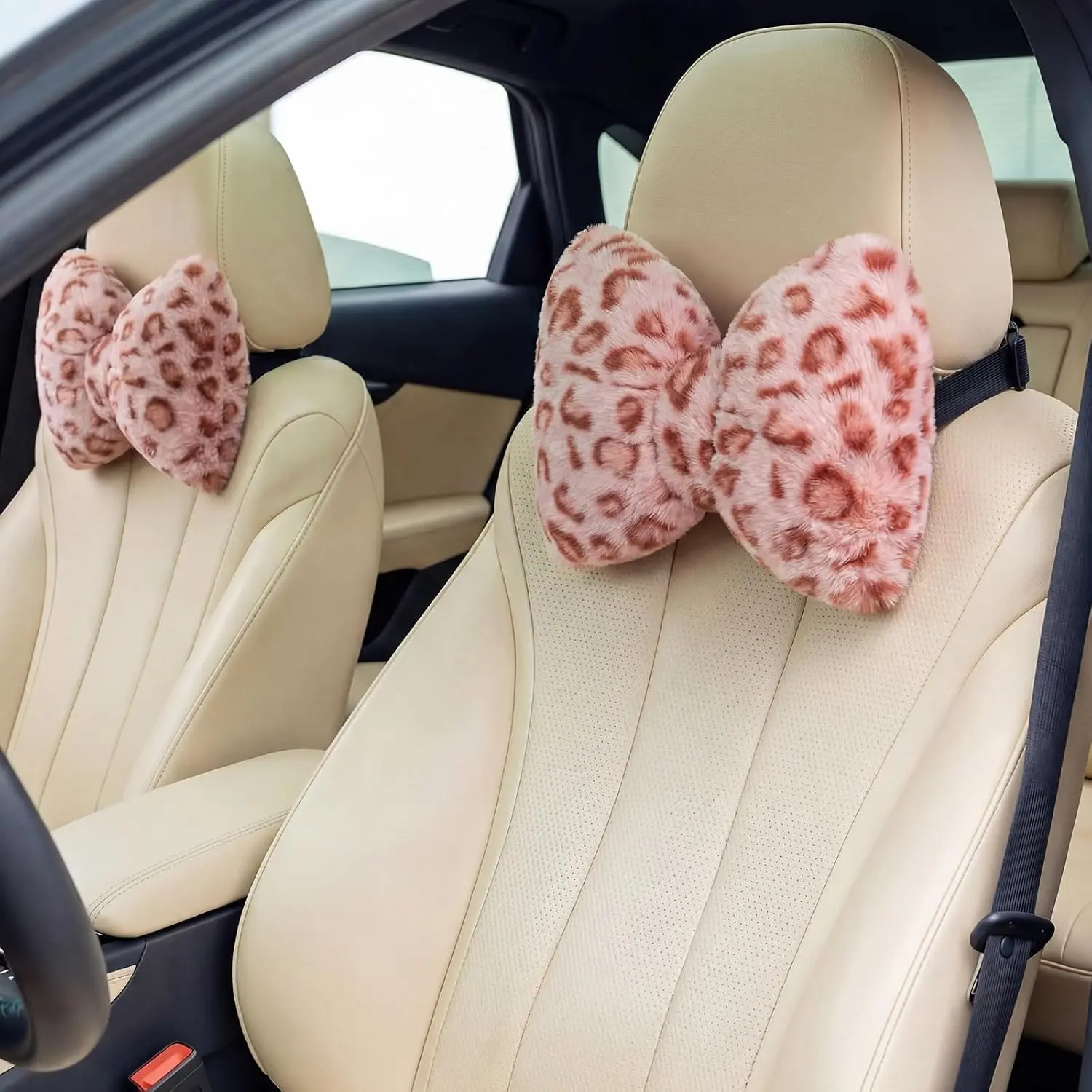 2 count Leopard   Pillow  Bow Headrest Pillow Soft Comfortable Seat  Support Cute Bow  Accessories for Driving Travel Driver Chair Girl Style Interior Decor()