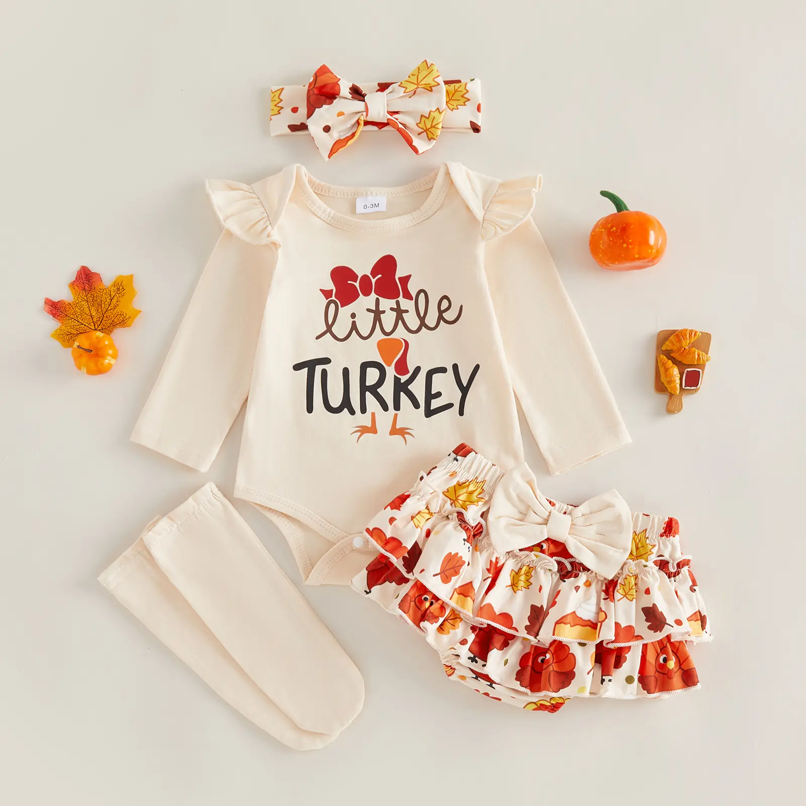 FOCUSNORM Newborn Baby Girls Thanksgiving 4Pcs Outfit Little Turkey Print Ruffle Long Sleeve Bodysuit Leaf Print Skirt Leggings Bow Headband Fall Clothes 0‑18M