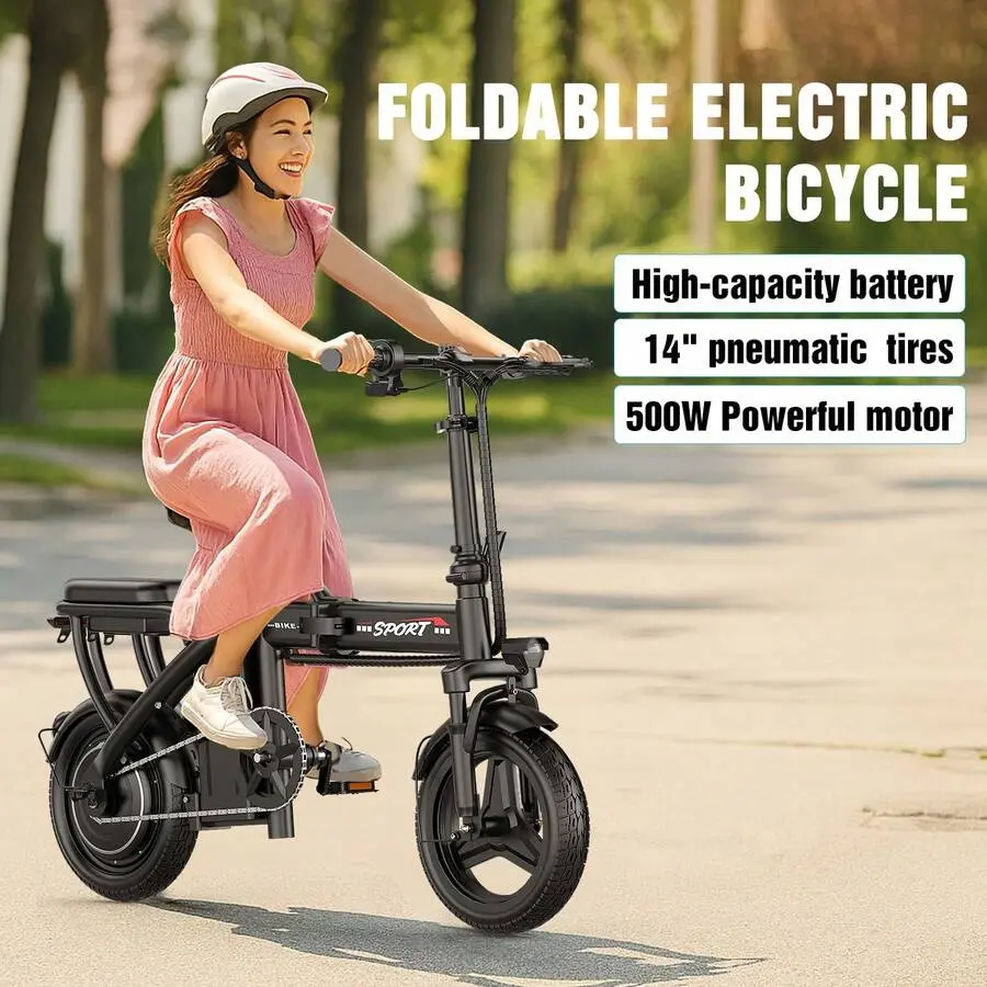Z6 Foldable Electric Bike For Adults, 14" Electric E-Bike With 500W Peak Motor, Max 25Miles 20MPH Electric Bicycles, Dual Front Suspension