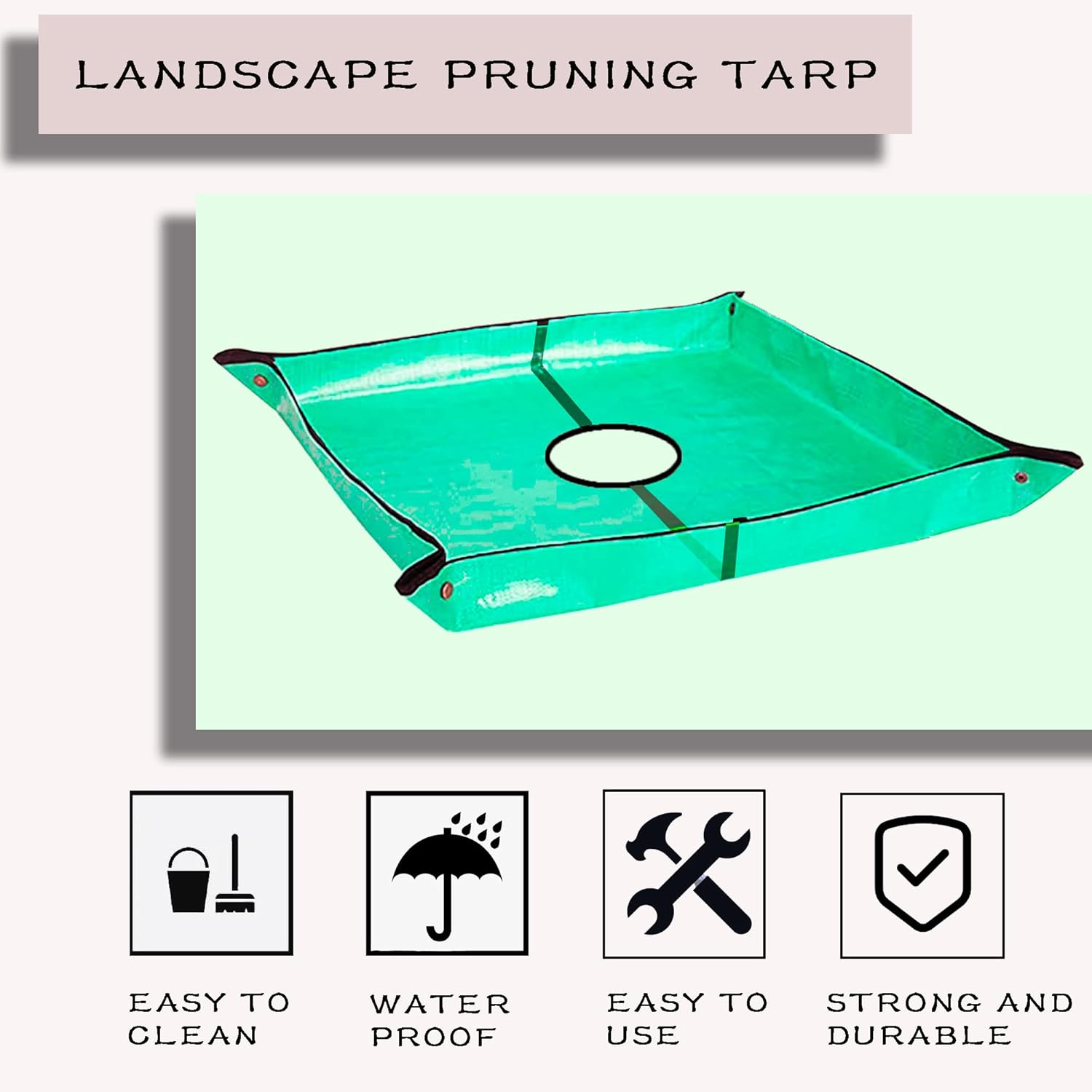 Square Shape Outdoor Polyethylene Landscape Pruning Tarp, 78.7inX78.7in, 12in Hole, Corner Buckles for Fast Standing Around Trees & Shrubs Trimming