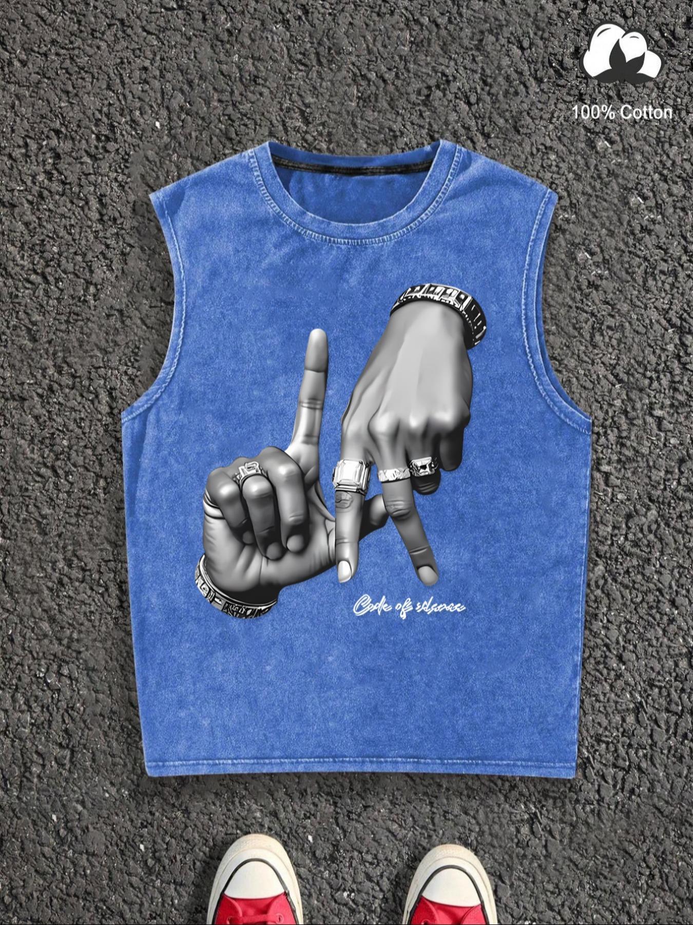 Men's Letter Print Denim-Effect Print Athletic Tank Top, Sleeveless Fitness Tank Tops, Regular Fit Casual Sleeveless Round Neck Top for Summer, Fashion Men's Clothes for Daily Wear, Socks, Cotton