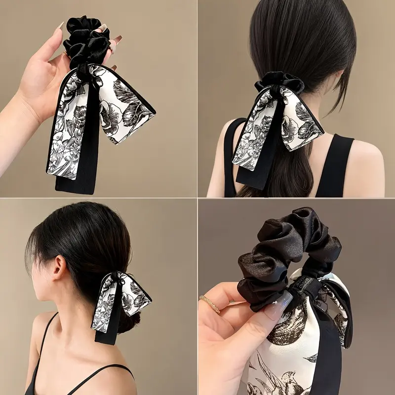 1pc Satin Ribbon Irregular Print Scrunchie, Women's Elegant Bow Low Ponytail Hair Tie