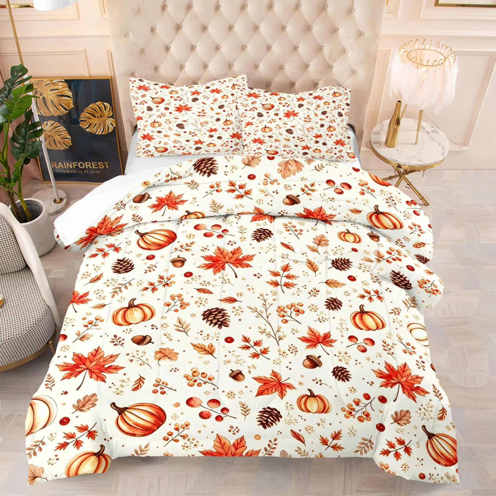 Fall Harvest Comforter Set, Pumpkin Maple Leaf Pinecone Acorn Berry Digital Print Cozy Bedding Set, Soft U‑Shape Quilted Comforter, Includes 1/2 Pillowcases - without Core for Autumn Thanksgiving Bedroom Home Decor