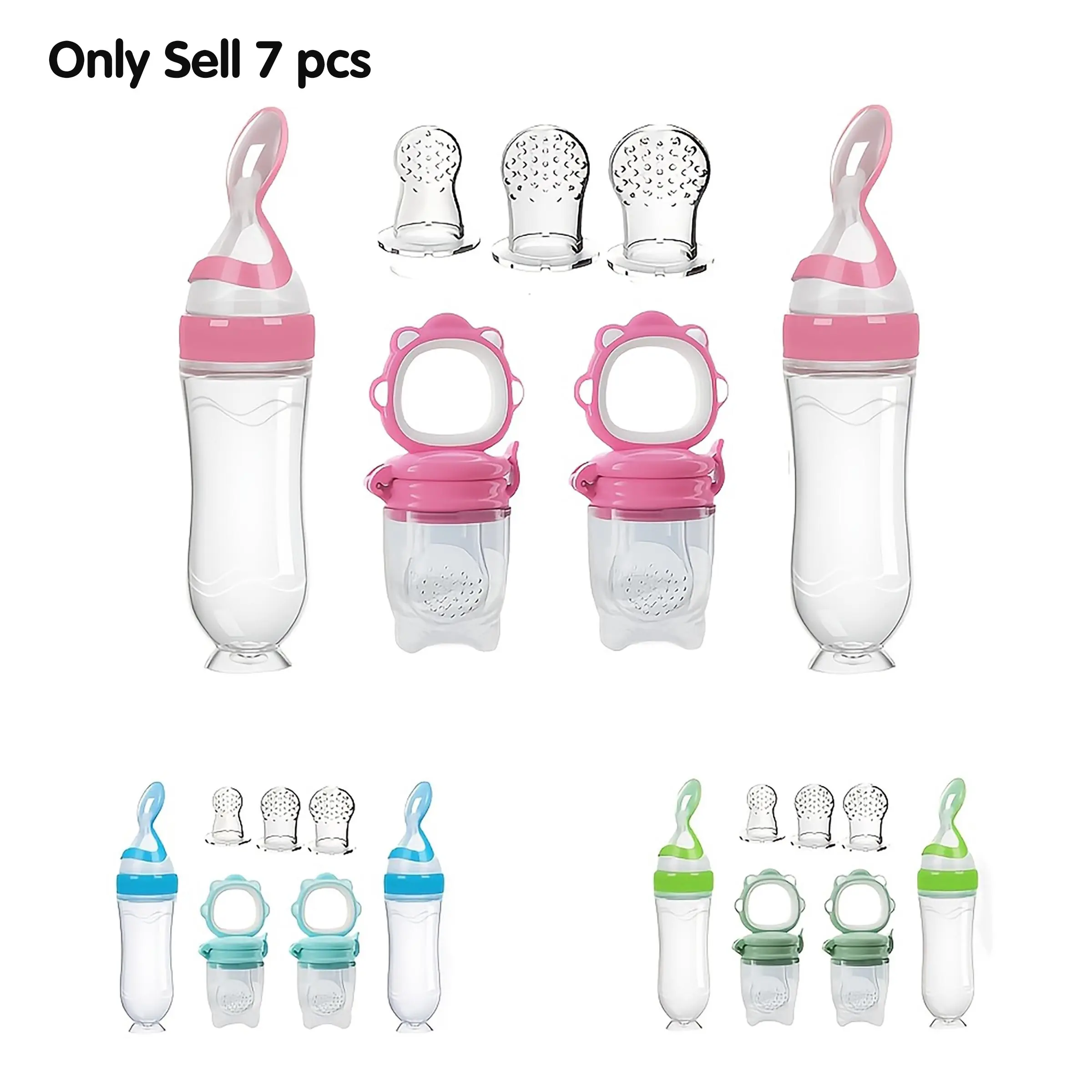 Baby Feeding Set, 7 Counts/set Including 2 Squeeze Silicone Baby Bottle & 2 Fruit Feeder & 3 Nipples, Kids Feeding Teething Set, Silicone Feeding Utensils