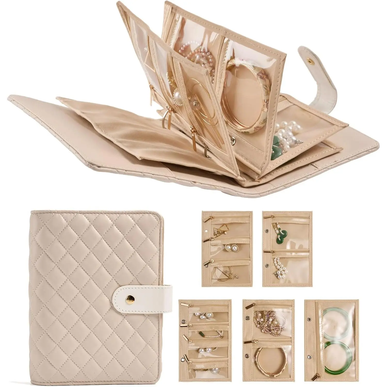 PU Leather Jewelry Binder Organizer Box, Travel Zipper Jewelry Case for Bracelet Earrings Rings Necklaces with Velvet Pouch Bag, Ideal Gift for Women - Cream White