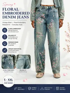 2026SS standard size women's jeans with cherry blossom embroidery, washed to make old blues, full of retro atmosphere! Decorate leg shape and create a clean and stylish look, very simple and suitable for daily wear