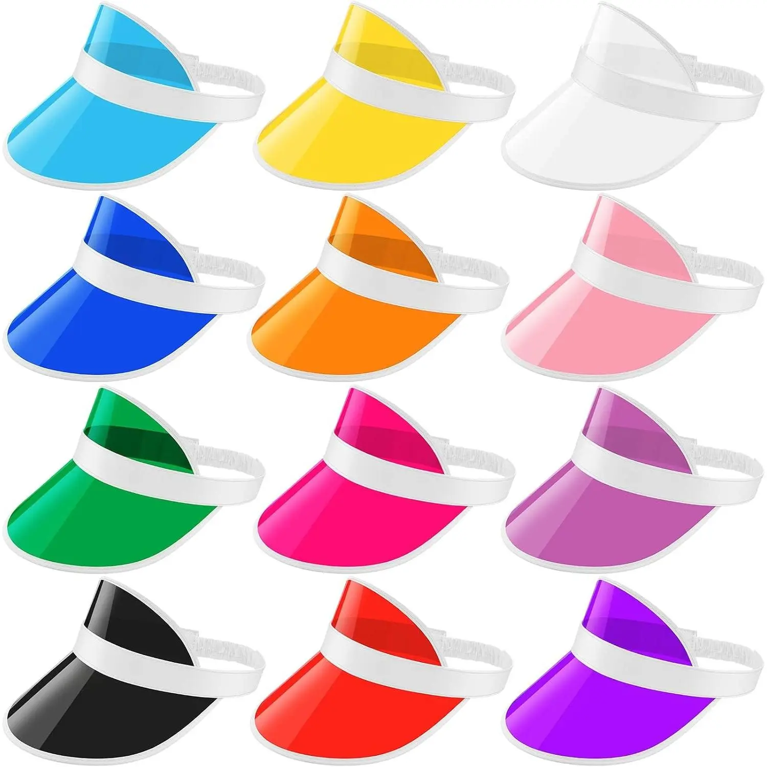 12 Pack Unisex Plastic Sun Visors Hats UV Protection, Clear Cap with Elastic Tie, Extra Large Brim, 12 Colors, for Men Women Sports Outdoor Golf Activities(Gift)