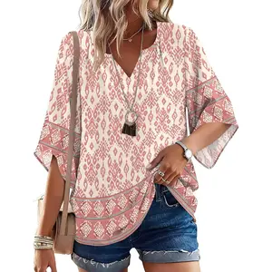 Women's 3/4 Length Sleeve Boho Tops V Neck Casual Vacation Clothes Loose Fit Tunic Shirts S-3XL(Gift)