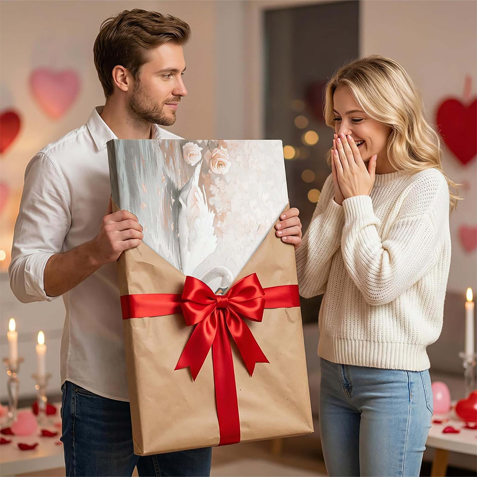 Romantic Swans Heart Oil Painting Canvas Wall Art, Elegant Swan Couple Print, Pink Rose Floral Decor, Aesthetic Bedroom/Living Room Art, Perfect Wedding/Anniversary Gift