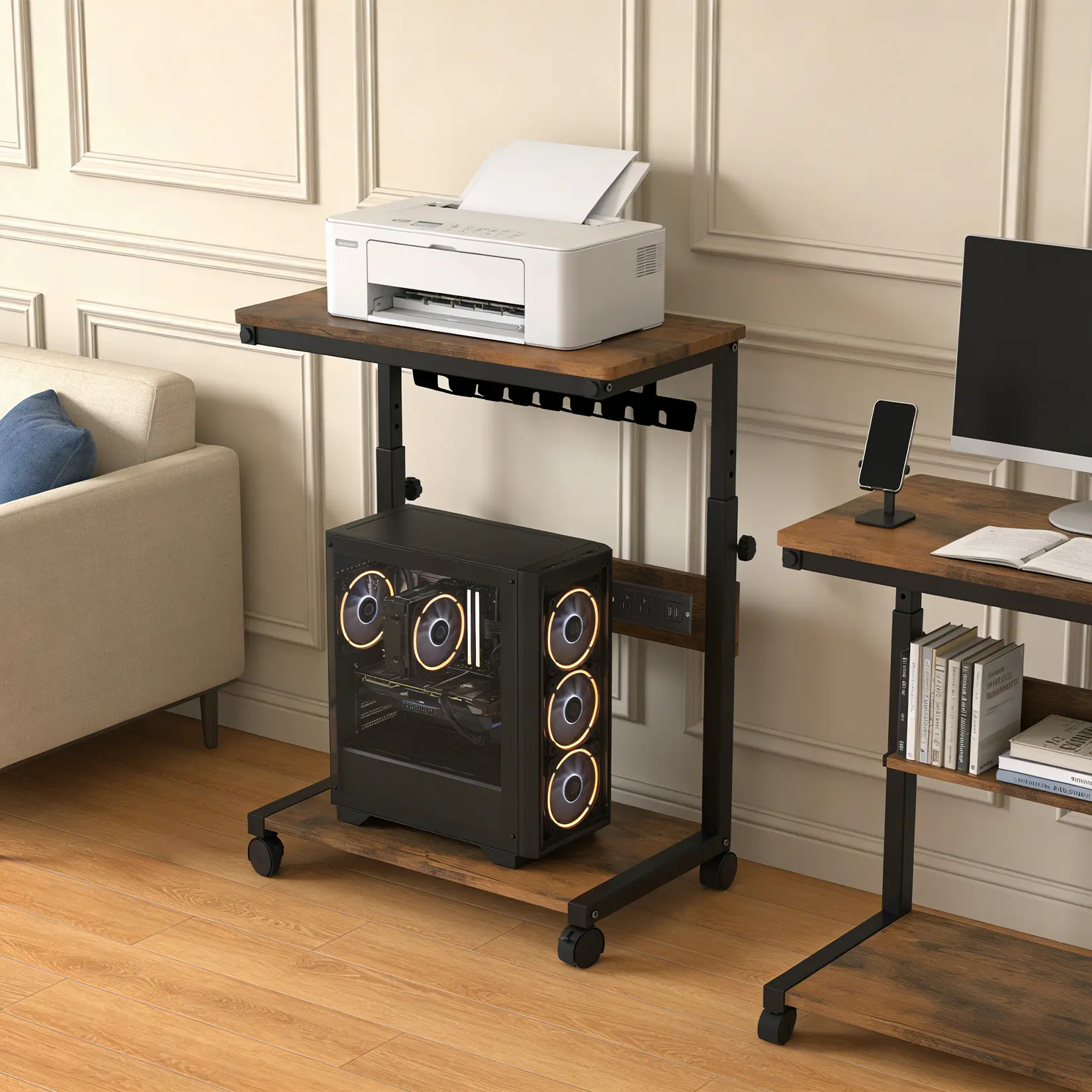 Adjustable Height Computer Tower Stand with USB Charging, 2-Tier Mobile CPU Cart with Locking Wheels, Under Desk PC Rack for ATX Cases, Office Storage Organizer, Walnut Finish, US Standard