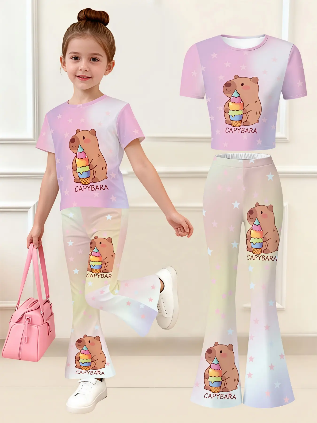 Lightweight fitted summer two piece set micro elastic short sleeve flare leg pants, pink star capybara print for girls outdoor travel popular aesthetic matching outfit