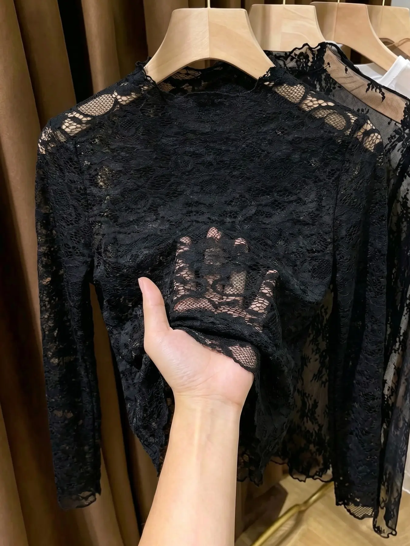 Fashion Chic Women's Sheer Long Sleeve High Neck Lace Top, Perfect Inner Layer for Short Sleeve Soccer Jerseys, All-Season Fitted Style