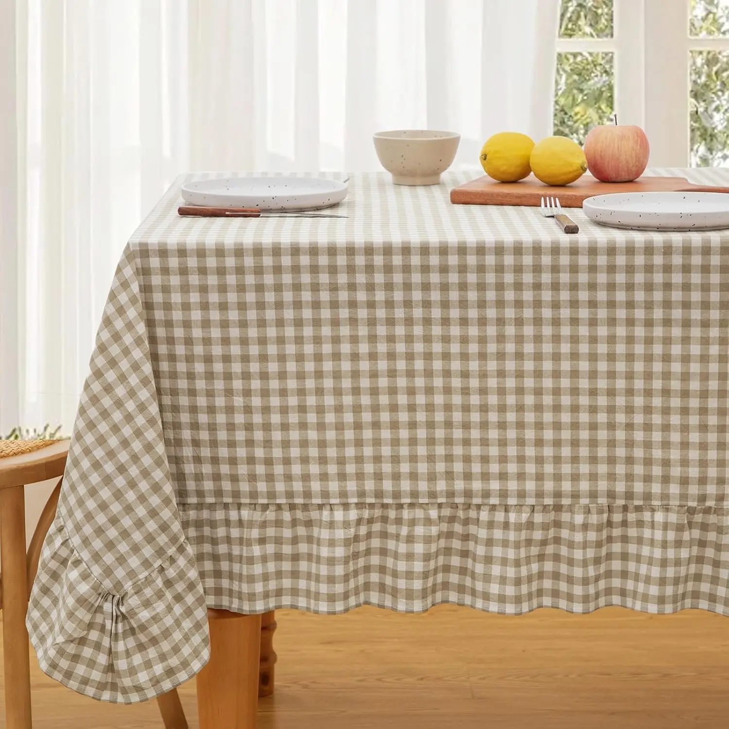 Taupe Gingham Tablecloth 52 x 70 Inch, Cotton Plaid Tablecloth with Ruffle Edge Design, Linen Feel Classic Farmhouse Checkered Table Cover for Kitchen Parties Living Room Decoration