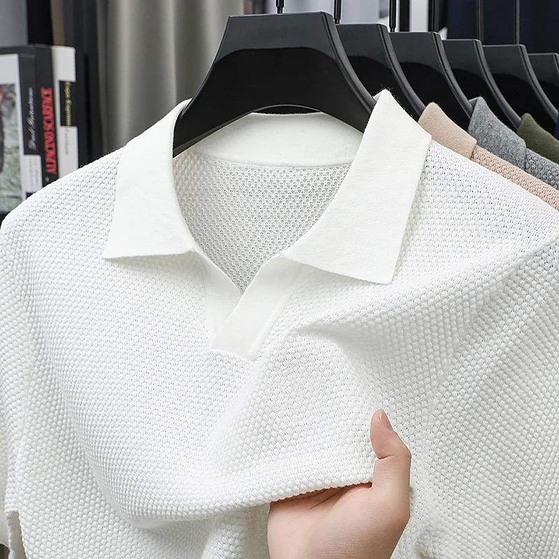 Kyn Apparel New Summer Seagull Collar Pineapple Knit Short Sleeve T-Shirt, Fashion Men's V-Neck Polo Shirt