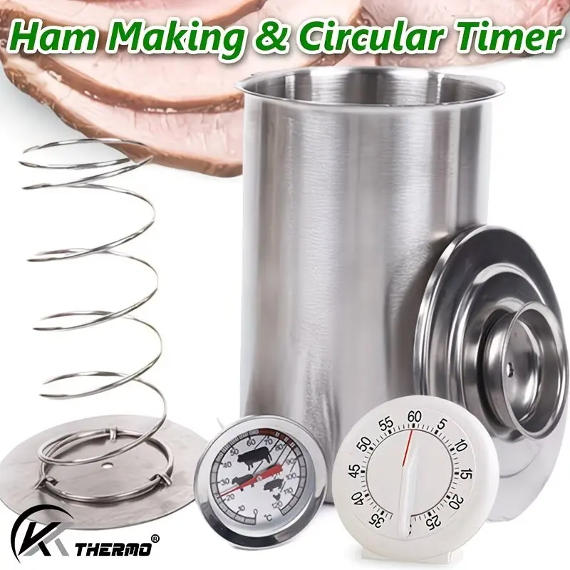 Ham Maker Kit with Timer, Meat Press Tool Set, Stainless Steel Container, °c/°f Thermometer, Mechanical Kitchen Timer, No Battery Needed