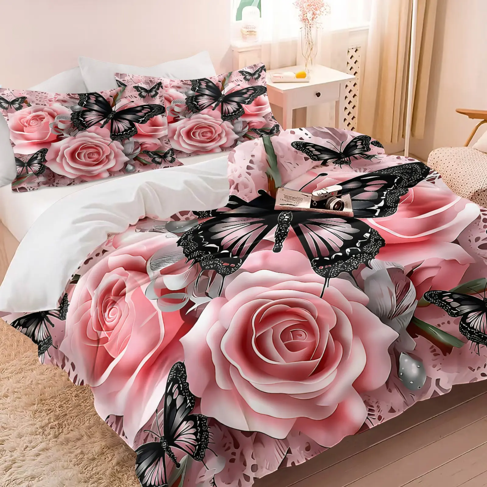 Romantic Pink Rose & Purple Butterfly Duvet Cover Set, 1 Duvet Cover & 1/2 Pillowcases No Filling, Gorgeous Floral Butterfly Bedding Set, For Women Girls Bedroom Dorm Decor, Ideal Holiday Gift