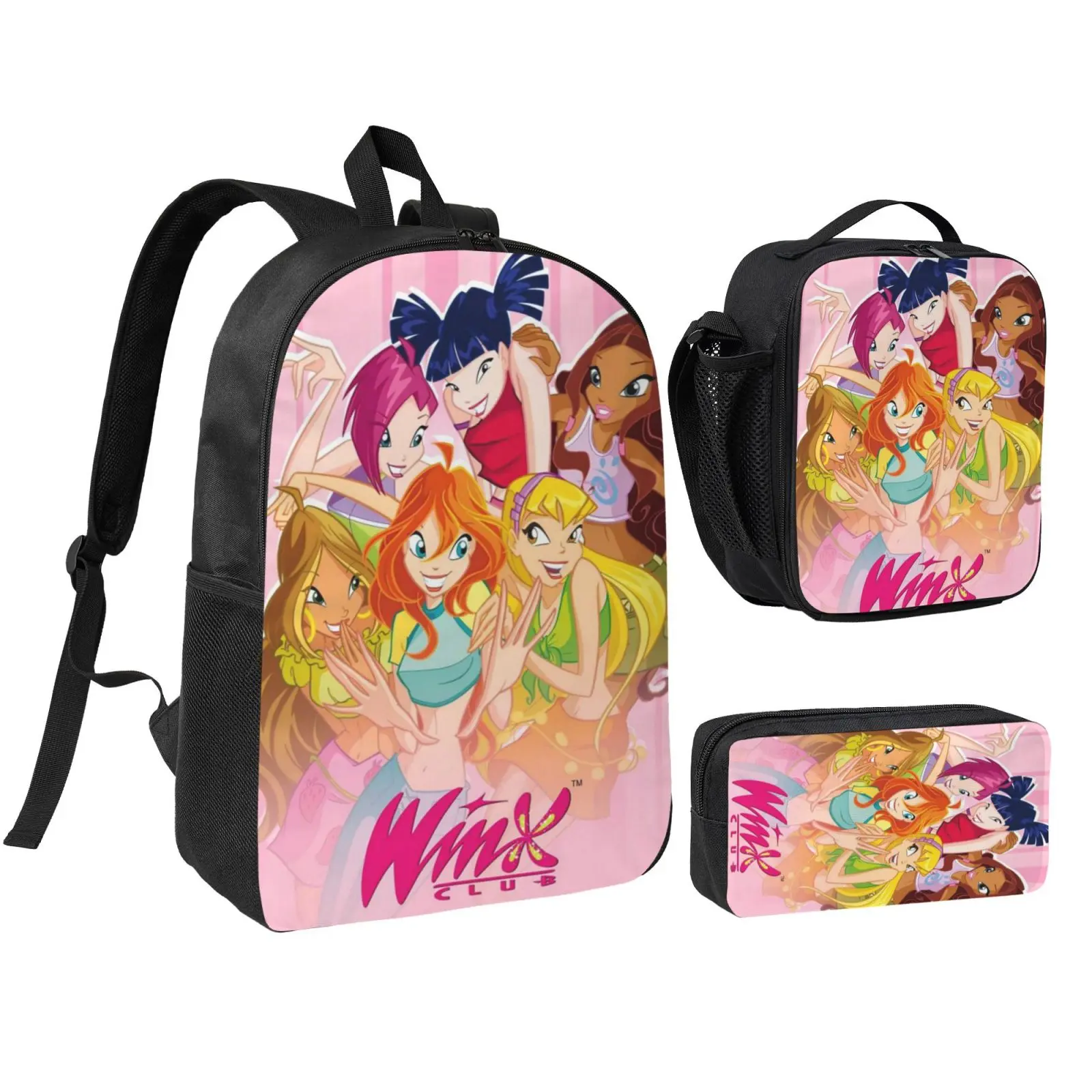 Cute Anime Winx2 Kids' Polyester Waterproof Printed School Bag Set - Adjustable Shoulder Straps Backpack, Lunch Box, Pencil Bag for School, Travel, Foam, Winx Club, Christmas Gifts