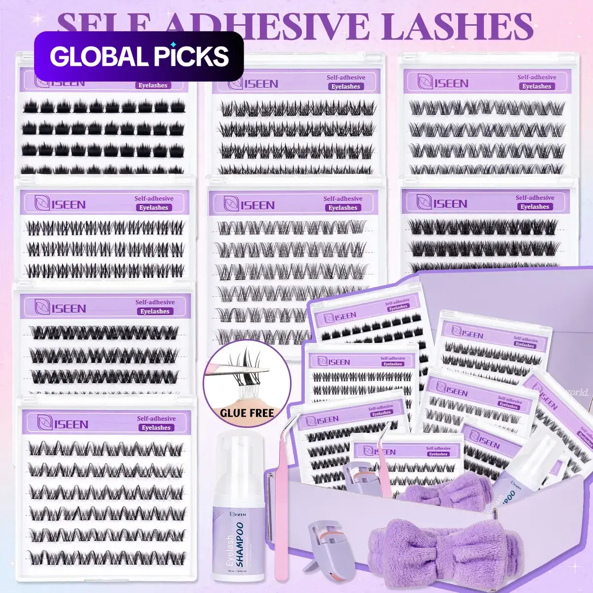 8 Styles Self-Adhesive Lash Cluster Kit, Press On Lashes with Lash Cleansing Shampoo, Tweezers and Headband, Natural Look No Glue Cluster Lashes, Ultra-Thin Lightweight for Beginners, Lightweight False Eyelashes #GLOBAL PICKS