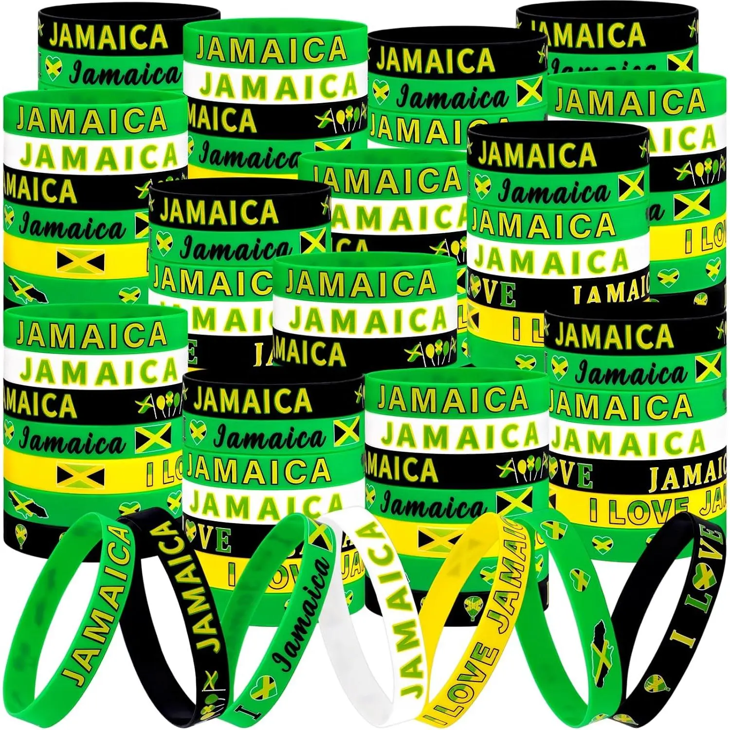 100Pcs Jamaican Silicone Bracelets Bulk Party Favors, Jamaica Flag Theme Green Black and Yellow Rubber Wristbands Decorations Goodie Bag Stuffers Gifts Supplies (7 Designs)