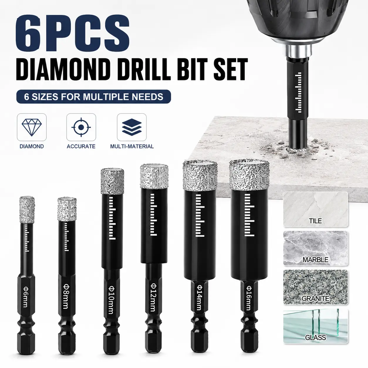 6 Pcs Multi-Size Brazed Diamond Tips Drill Bit Kit, 6mm-16mm Hex Shank Diamond Hole Saw Hole Drilling Tool for Tile, Ceramic, Glass-YY1