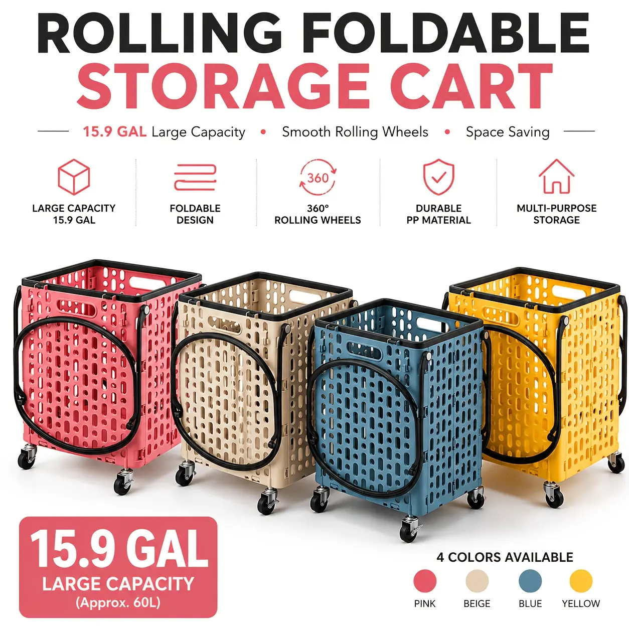 Heavy-Duty Collapsible Storage Basket Cart with Wheels & Handlebar - Large Capacity Shopping Cart Suitable for Groceries, Camping, Travel, Markets, Space-Saving Portable Grocery Organizer with Irregular Shape for Markets/Carts/Emergency