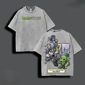 Vibrant Cartoon Tower Defense Vintage Washed T-Shirt Tiny Title Chest Oversized Mad Scientist Zombie Vs Peashooter Icy Crack Window Scene GARDEN WARFARE 2 Label Back Casual Short Sleeve