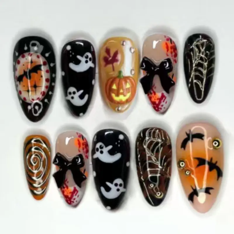 10 Pcs Limited Edition Harvest Mandala Ghost Press on Nails, Halloween Almond Fake Nails, 3D Bow, Retro Caramel Fall Nail Art Tips, Nail Designs