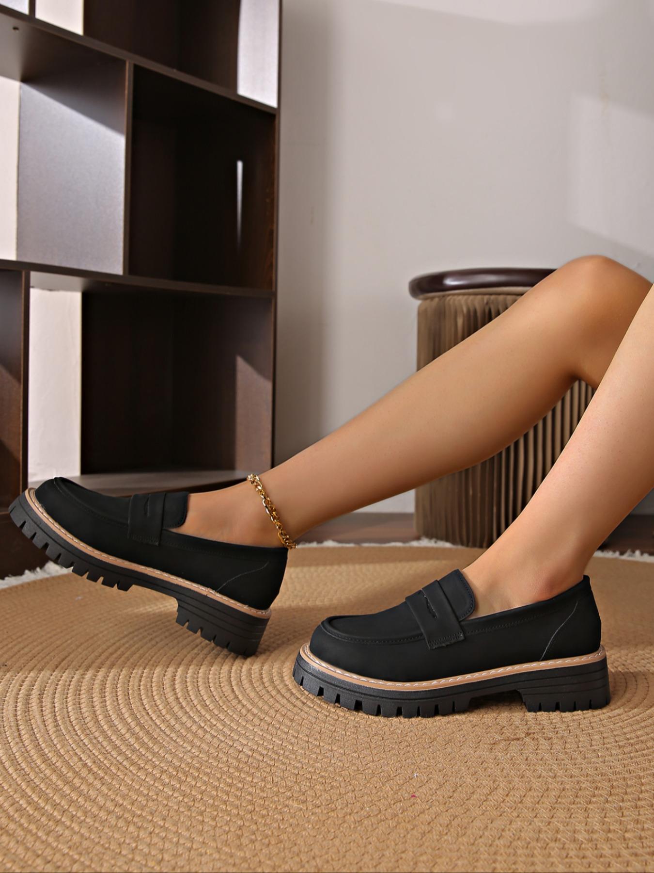 Women's Loafers, Chunky Sole Slip-on Walking Shoes, Fashionable Retro Round Toe Work Shoes for Daily Wear, All-Match Soft Soled Platform, Non-Slip Breathable Footwear, Classic Easy To Match