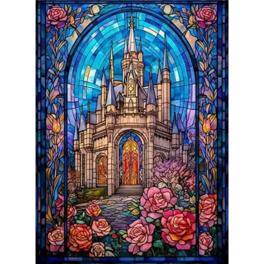 5D DIY Diamond Painting Kit - Stained-Glass Style Fairy Castle with Roses, Full Round & Square Drill Shapes Rhinestone Mosaic Craft, Stress Reliever Handmade Ornament Wall Art Home Decor Gift for Living Room