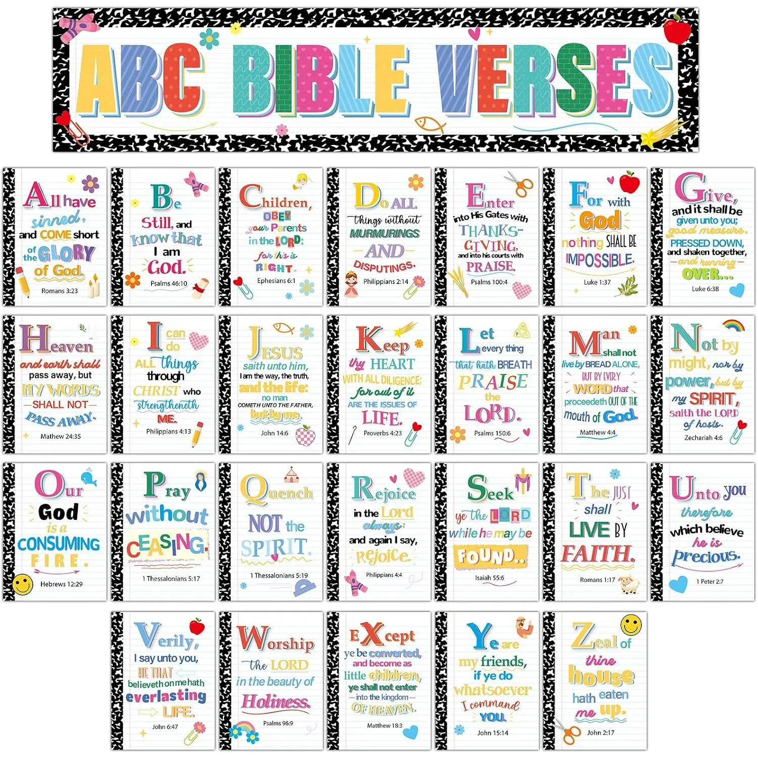 27 count ABC  Verse Posters Composition Notebook Classroom Decor Inspirational Christian Bulletin Board Religious Scripture Quotes Poster for Sunday School  to School Church Wall Decor (Classic)
