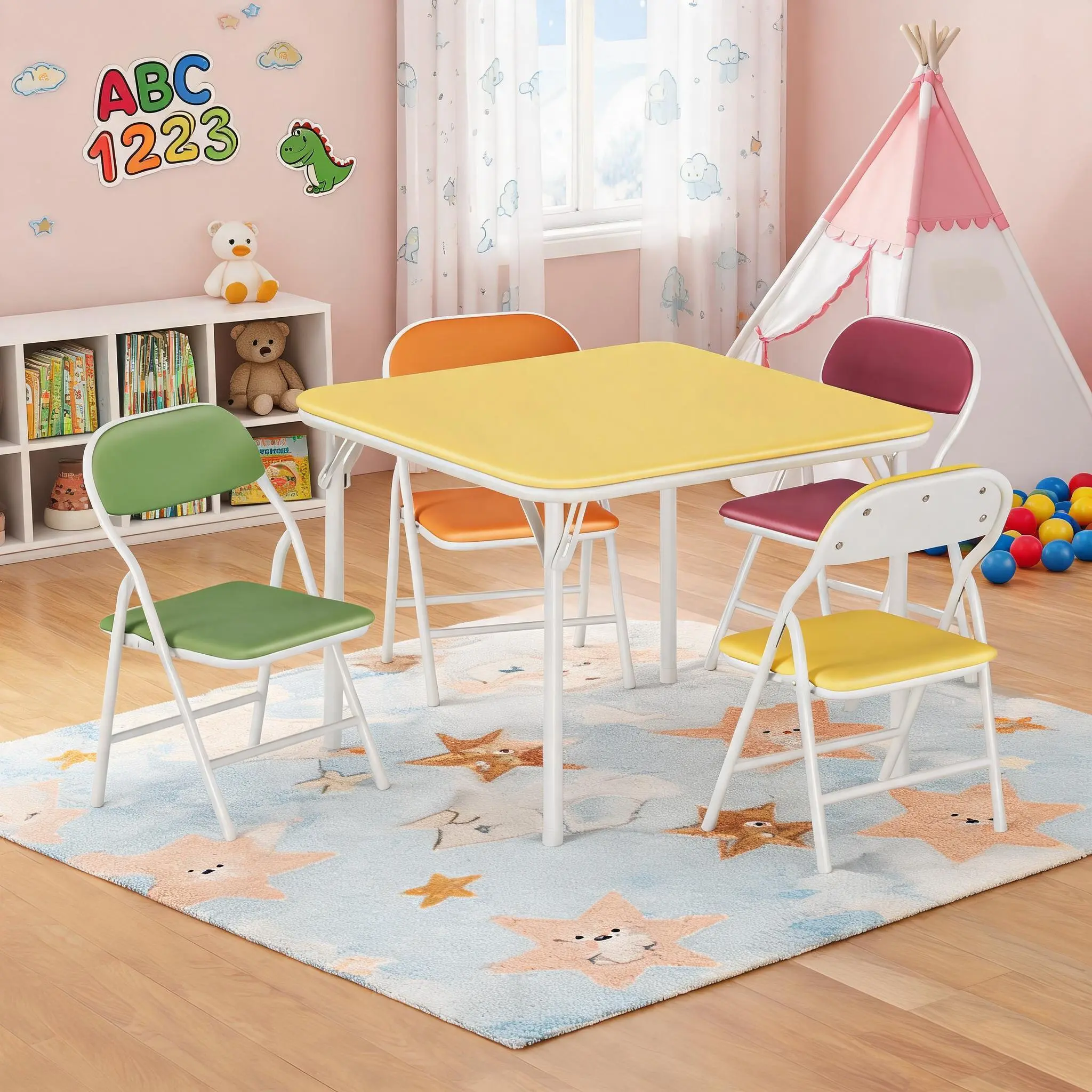 Garvee Kids Folding Table and Chairs Set - Lightweight Square Activity Table with PU Leather Top & Padded Folding Chairs, Metal Frame, Easy-Clean for Crafts, Dining & Playroom