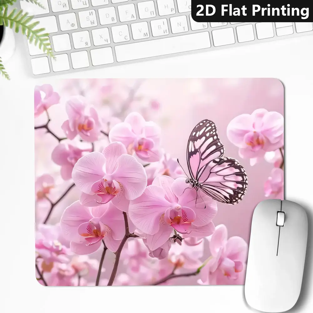 Pink Orchids with Butterflies Mouse Pad,Laptop And Computer Desktop Additions - Office And Home Use, Non-Slip Desktop Mouse Pad