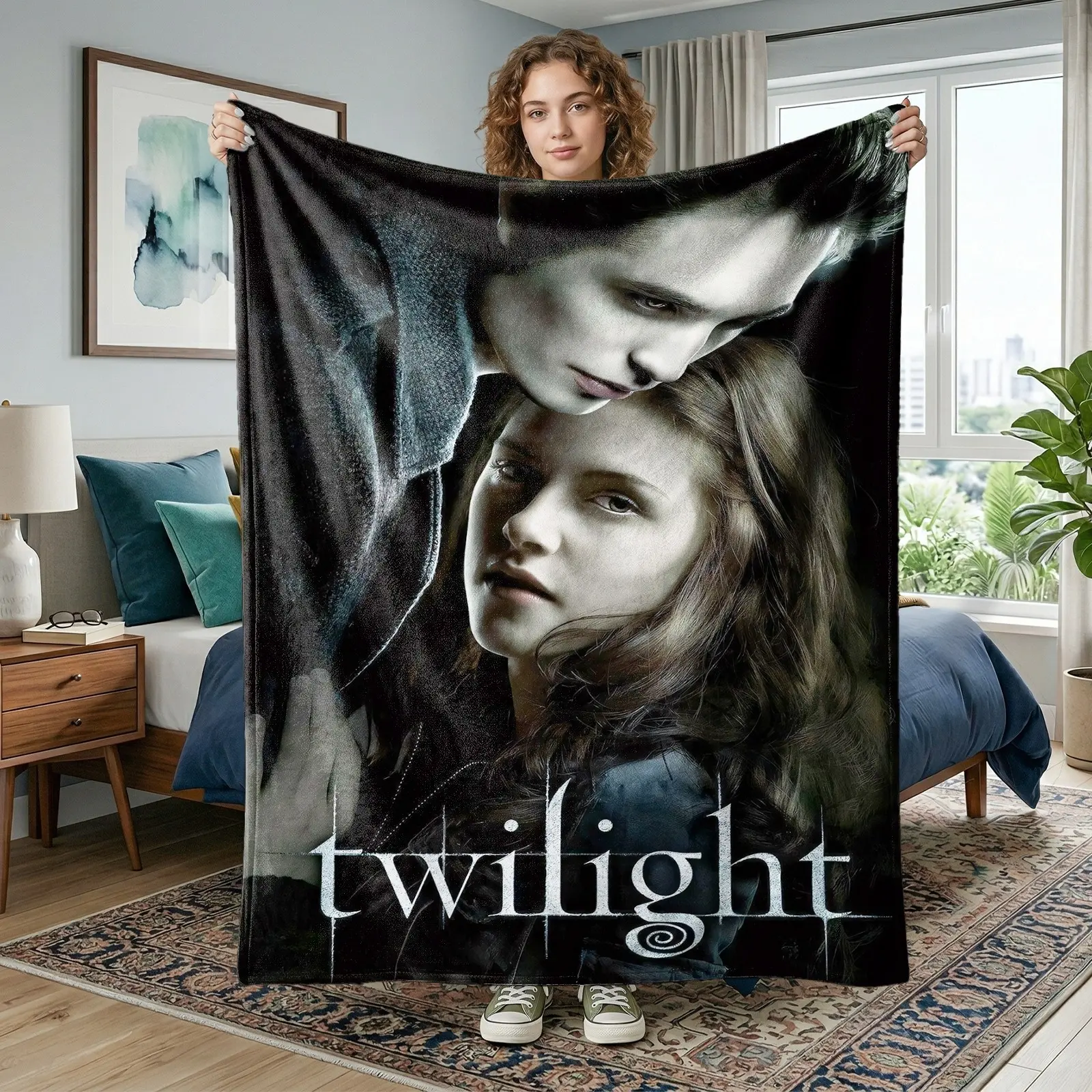 1pc Twilight Movie Poster Fleece Blanket, Printed With Heroine Portrait And Classic Title Logo, Dark Romantic Movie Decor, Soft Warm Blanket For Sofa, Bed, Office, Shawl, Camping, Christmas Gift
