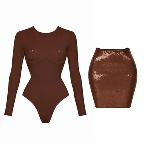 Sexy 2Pcs Swimsuit With Mini Skirt Women Bikini Push Up Swimwear Biquini Long Sleeve Monokini Swim Suit Bathingsuit Beachwear