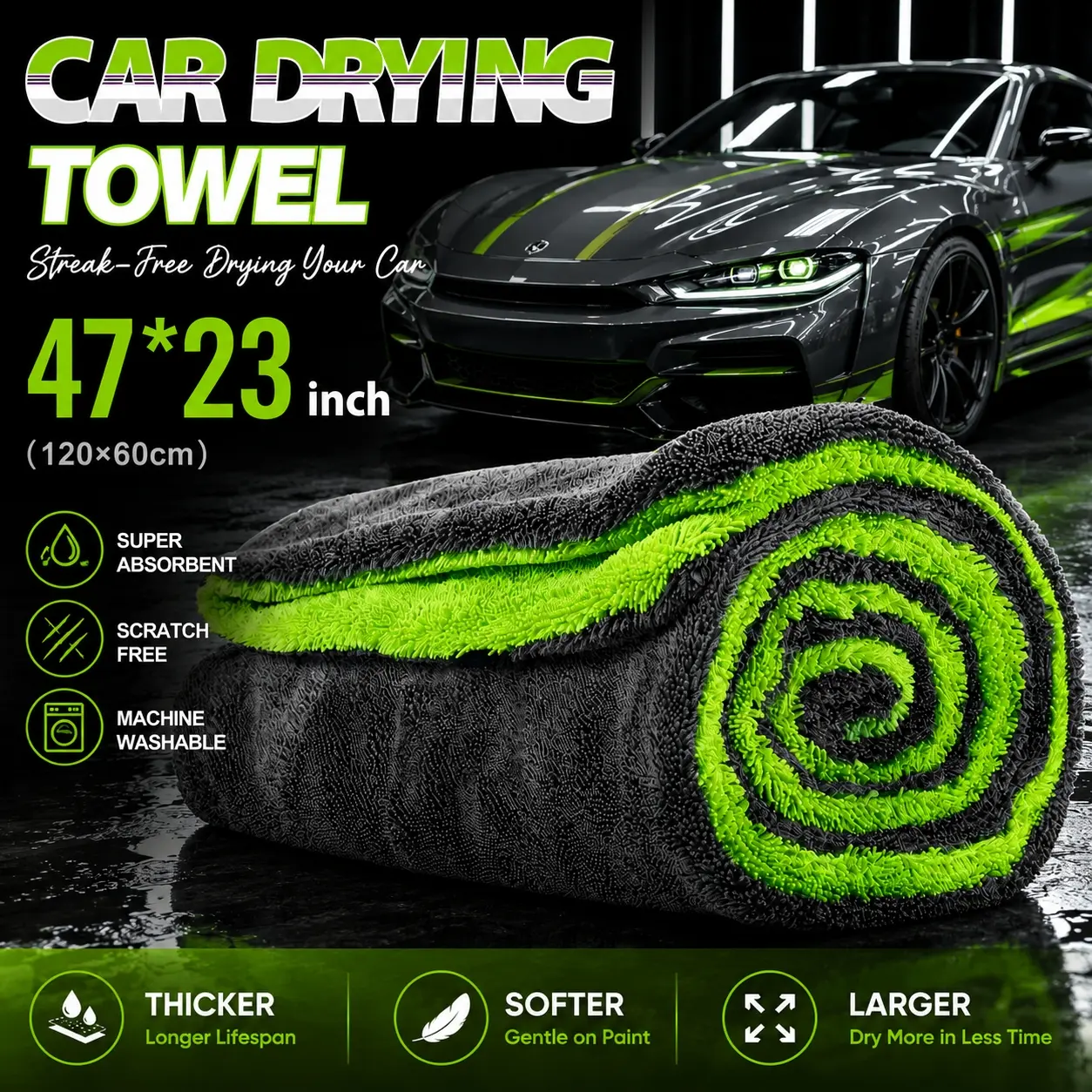 Thickened Double-Sided Microfiber Car Cleaning Towel, Large Size 48×24 Inches, Quick-Drying, Water-Absorbent & Super Absorbent Microfiber Wash Towel, Suitable for SUVs, Trucks and Auto Care, Polishing, Cleaning & Wiping Cloth