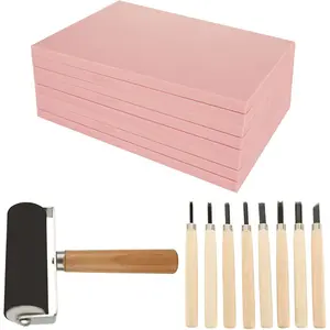 10 Pack Rubber Stamp Making Kit - Block Printing Kit，Linoleum Carving Tools with 8 Type Blades, 8 Pcs Pink Rubber Carving Block and Rubber Brayer Roller