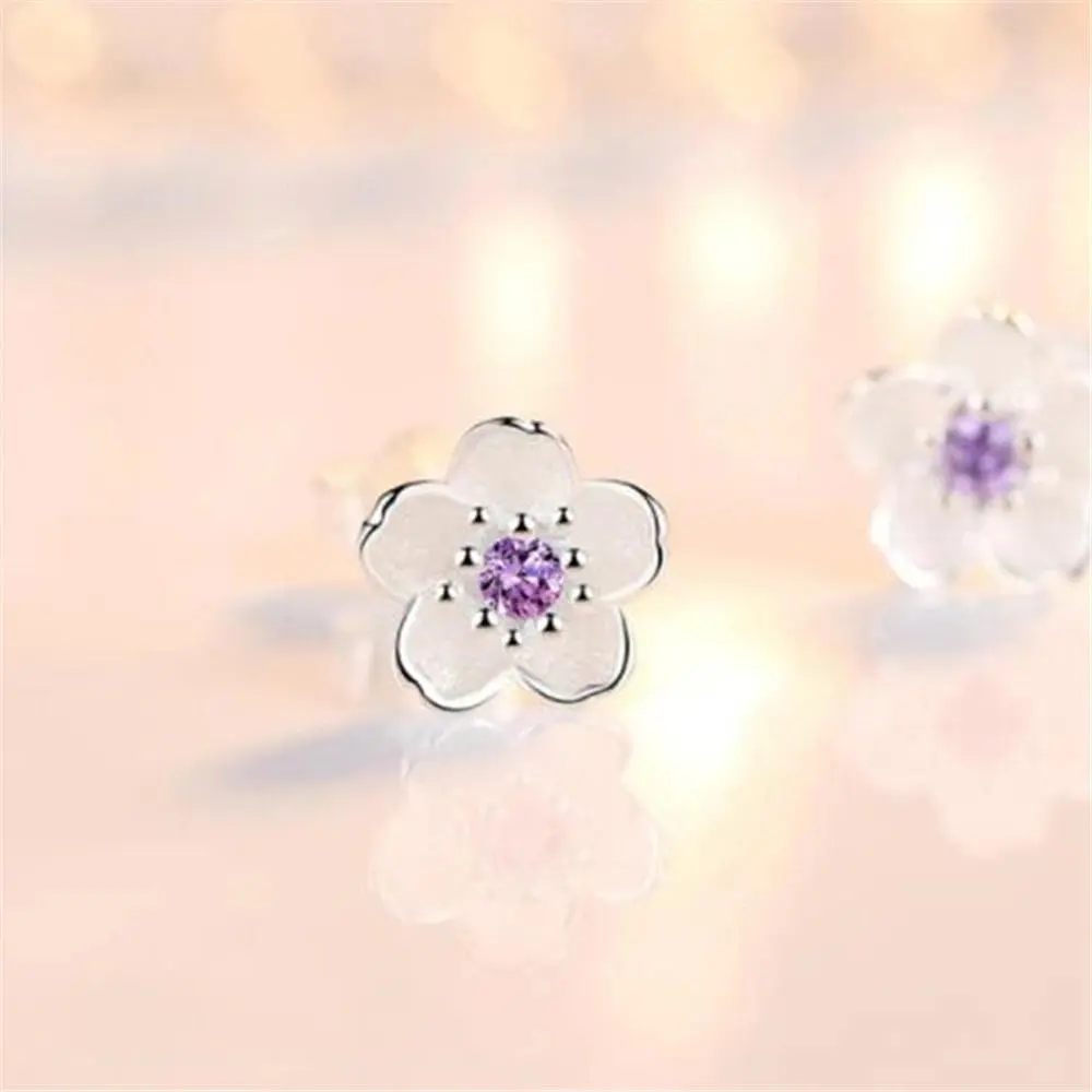925 Sterling Silver Cherry Stud Earrings for Women, Romantic Pink and Purple Crystal Jewelry, Elegant Small Clean Female Gift, Clean Earrings, Fungus, Faerie Romance Earrings