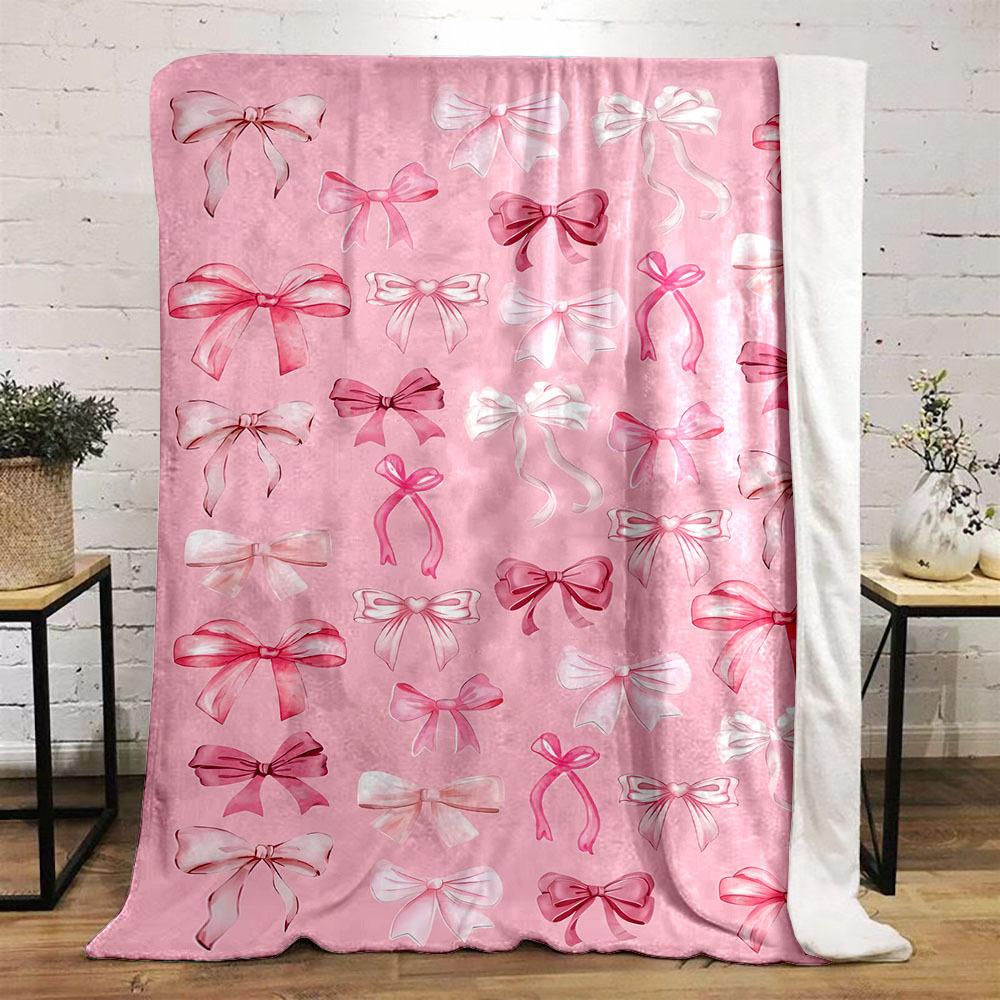 [Pink Bow Print Flannel Blanket] Soft Pink Bow Print Flannel Throw Blanket - Cozy All-Season Comfort for Couch, Bed, Office, and Travel - Perfect Gift for Family and Friends-280GSM