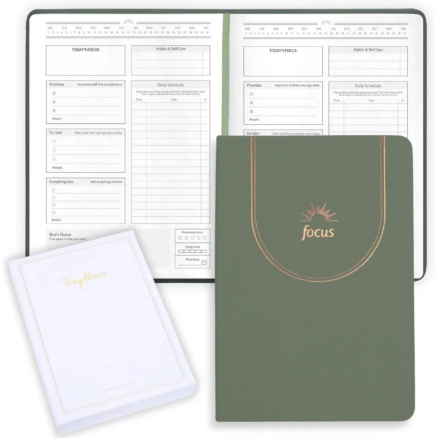 A5 Undated Daily Planner for Neurodivergent Adults - Leather Task Organizer with Guided Steps, Undated Pages, 170gsm Paper, Luxury Finish, Foiling, Box, Visual Layout for Task Planning (Sage Green)