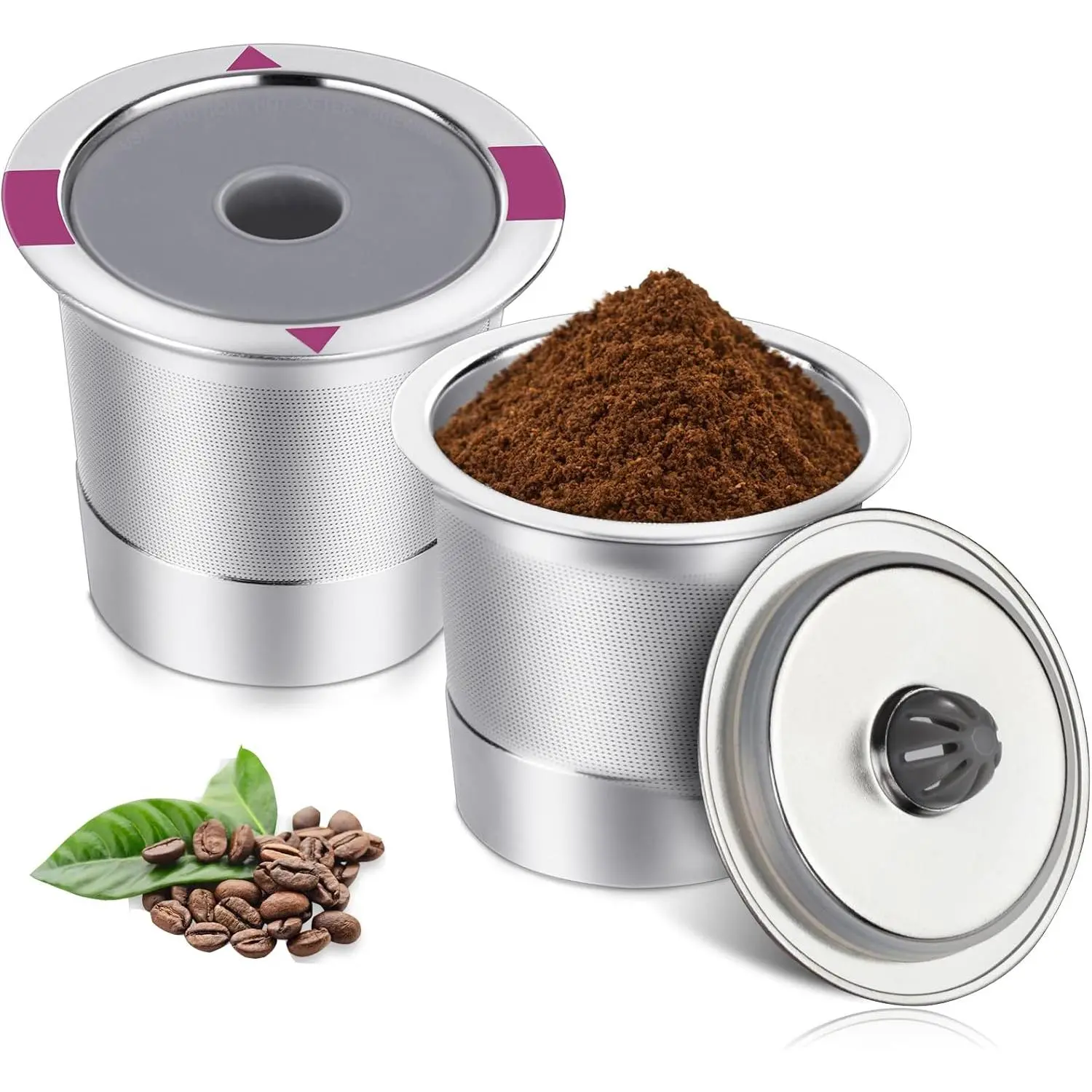Reusable K Cups, Universal stainless steel Reusable Coffee Pods, Refillable Single K Cups for K 2.0 and 1.0 Coffee Makers (２－PACK)