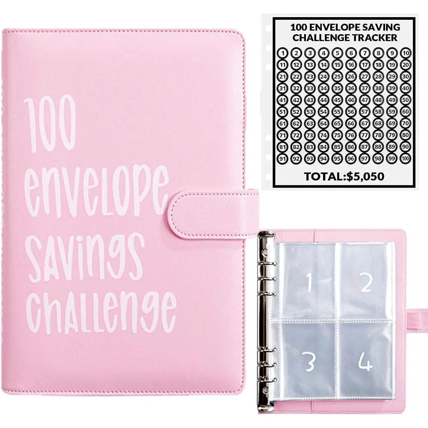 100 Envelopes Money Saving Challenge, 100 Envelope Challenge Binder, Easy and Fun Way to Save $5,050, Savings Challenges Budget Book Binder with Cash Envelopes Office,Home,School (Pink)