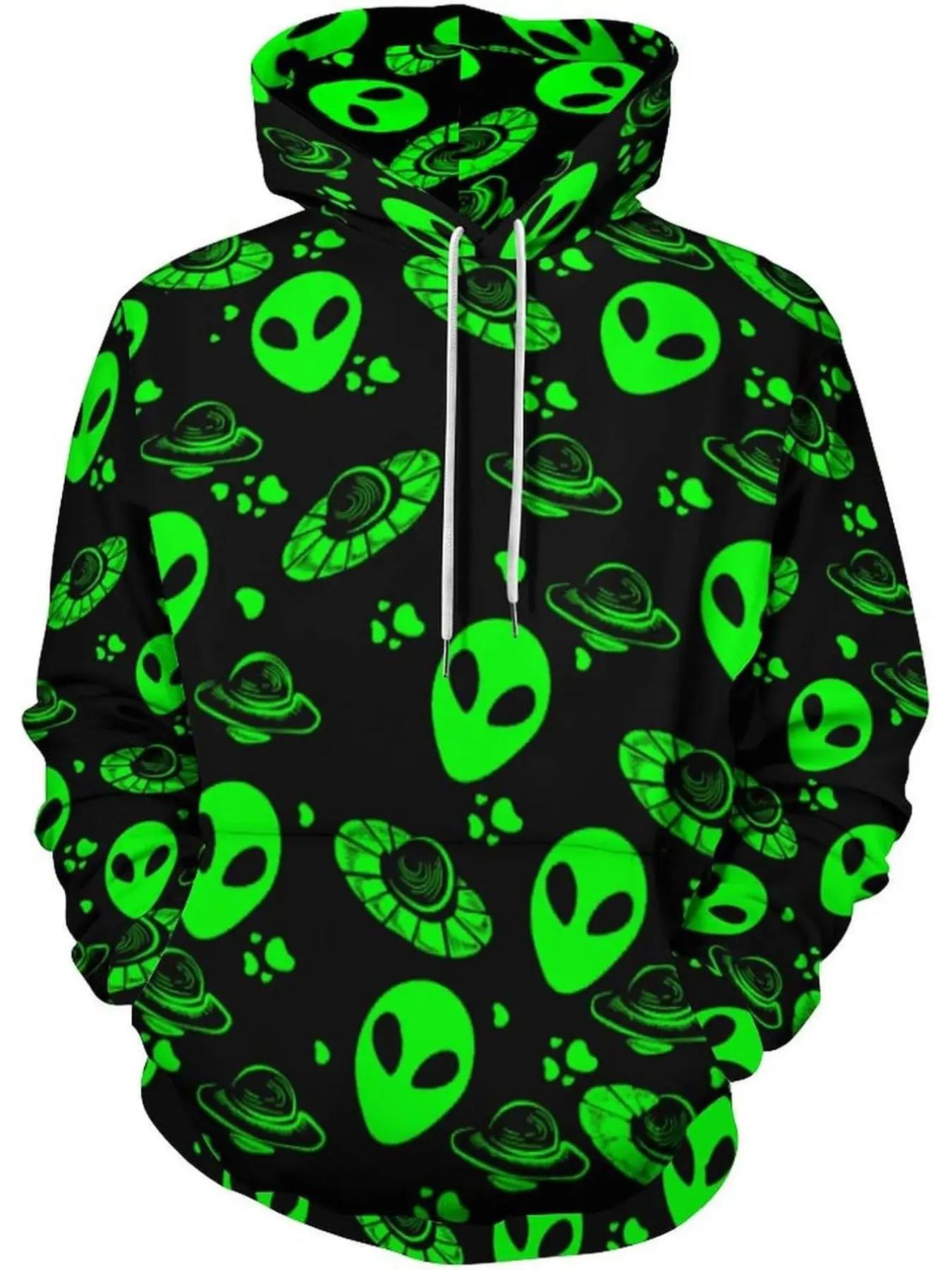 Trendy drawstring hoodie with all-over fluorescent green UFO print on black base